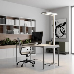 Moderne, dimmbare Arcchio LED Bürostehleuchte Logan aus Alu, 2-flammig, im Arbeitszimmer.