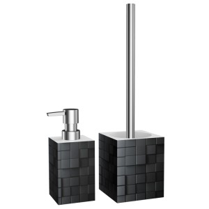 SANILO Bad Set Cube: Seifenspender und WC-Bürste in Schwarz mit Edelstahl-Akzenten.