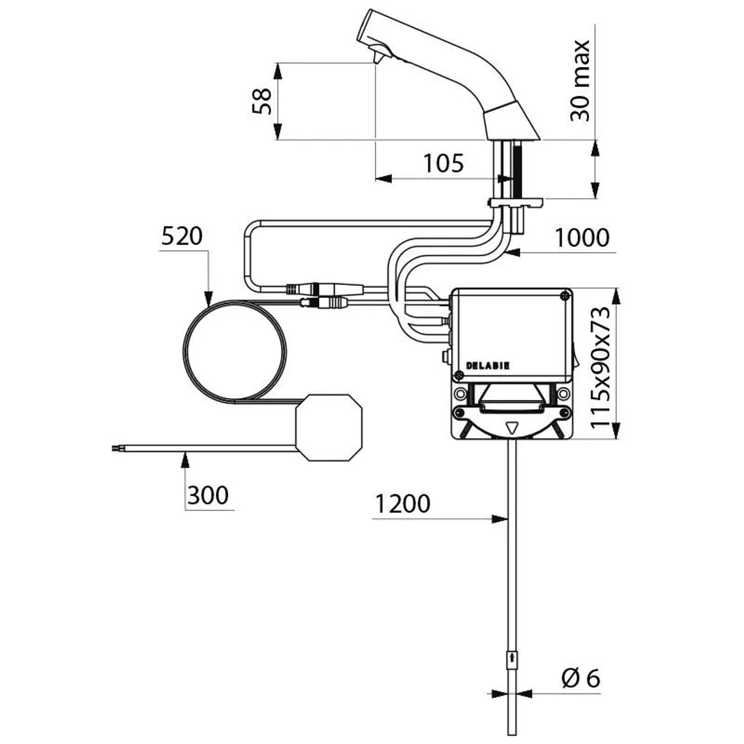 Technische Zeichnung Delabie BINOPTIC Seifenspender, Standmontage, Maße und Details.