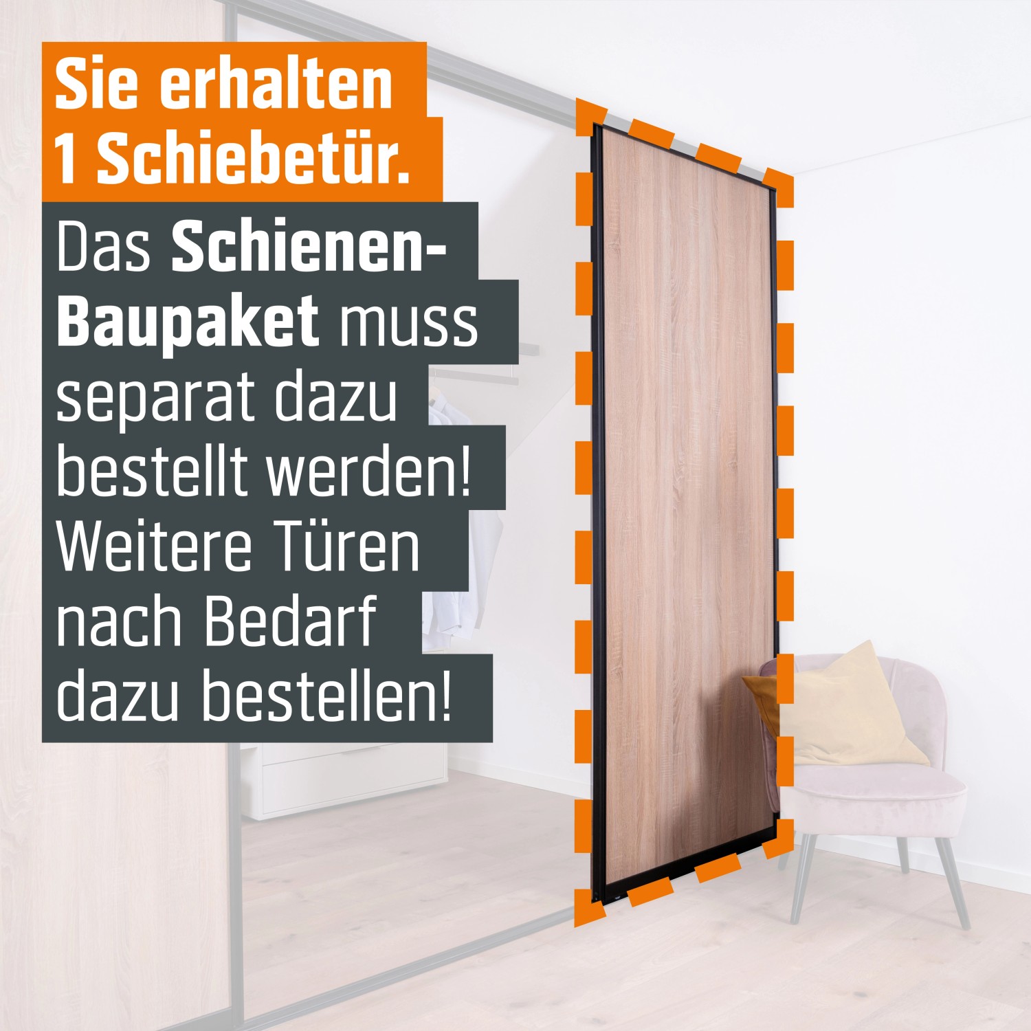 Schiebetür-Baupaket mit schwarzem Profil und Eiche Dekor, geeignet für begehbare Schränke und Raumteiler.