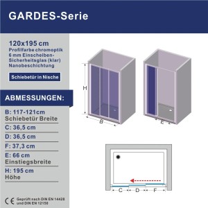 Skizze einer Aquabatos Duschtür 120x195 cm mit Schiebetür aus Glas und Maßangaben.