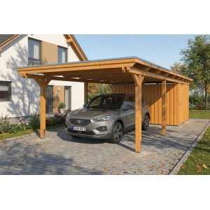 Skan Holz Carport Emsland aus hellem Holz mit Flachdach, anthrazitfarbenen Stahlplatten und Abstellraum. Ein Auto parkt darunter.