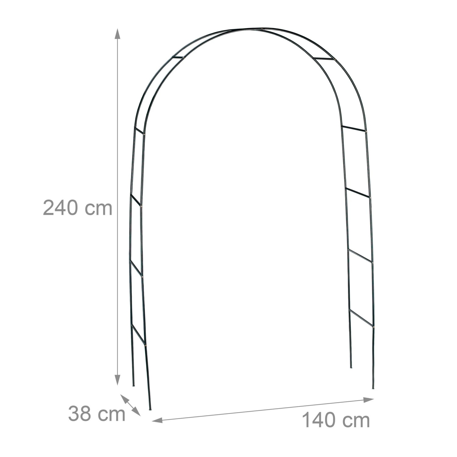 Dunkelgrüne Metall Torbogen Rankhilfe 240x140x38 cm für Kletterpflanzen. Robuster Rosenbogen für Garten und Terrasse.