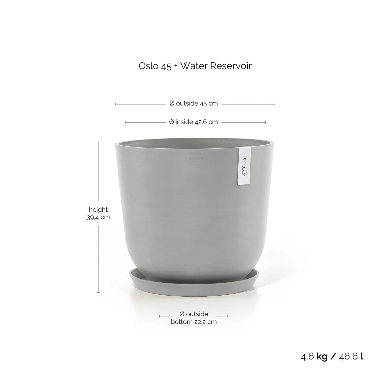 Ecopots Oslo Pflanztopf, weißgrau, 45 cm, mit Wasserreservoir. Ideal für Innen- und Außenbereiche.