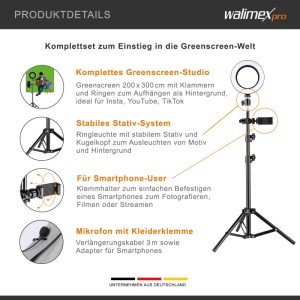 Walimex Greenscreen Komplettset Studio Inkl. Stativ Ringleuchte Videostudio