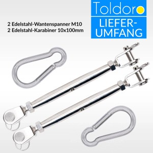 Toldoro Sonnensegel-Spanner Set: 2x M10 Wantenspanner, 2x Karabinerhaken (Edelstahl) für Sonnensegel.