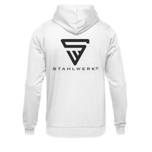 Weißer STAHLWERK Hoodie mit Reißverschluss, Größe L, Logoprint auf dem Rücken.