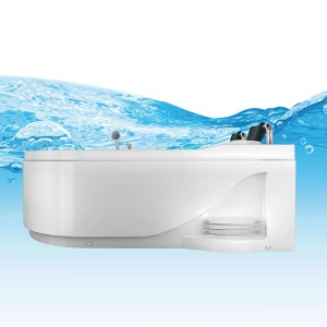 Weiße AcquaVapore Eck-Badewanne W23H-TH-L 182 mit Whirlpool-Funktion und Armaturen.