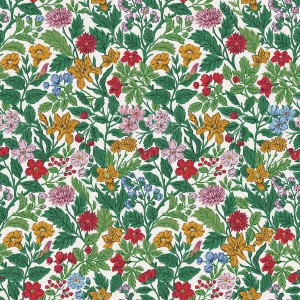 Mehrfarbige Joules Vliestapete mit floralem Arts and Crafts Muster. Fototapete mit Blumen in Rot, Gelb, Blau und Grün.