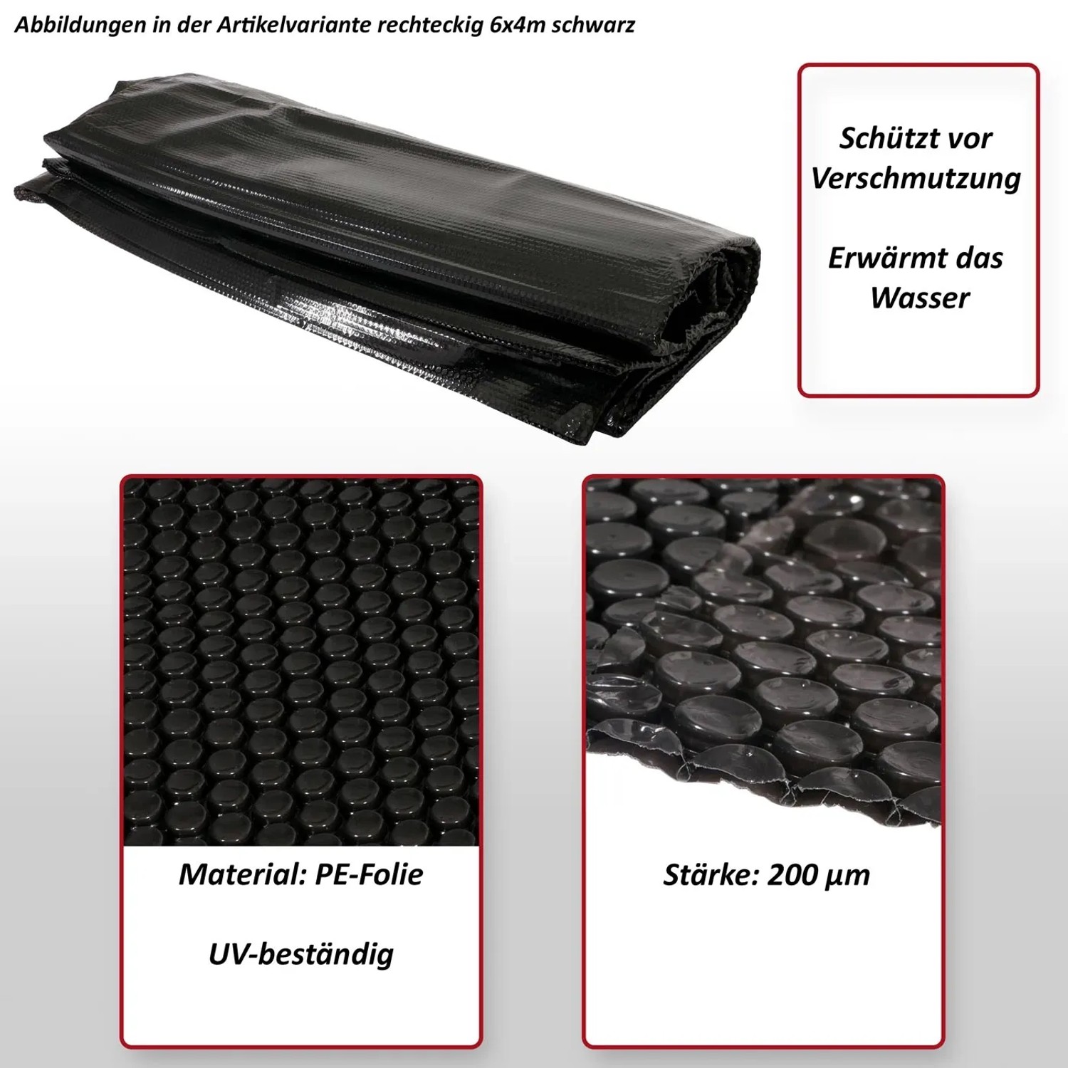 Schwarze MCW Pool Abdeckung 6x4m, 200µm, aus PE-Folie. Solarplane für rechteckige Pools.