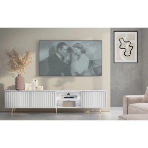 Weißes TV-Lowboard Bello mit Lamellenfront, goldenen Beinen und LED-Beleuchtung für Ihr Wohnzimmer.
