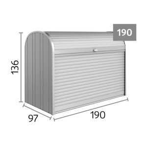 Biohort StoreMax 190 Garten-Aufbewahrungsbox in Silber-Metallic mit Rollladen und Maßen 190x97x136 cm.
