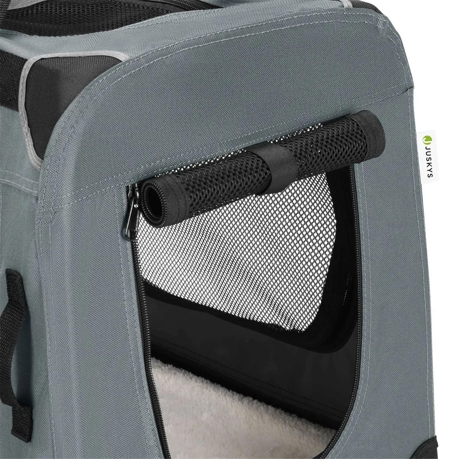 Detailansicht: Graue Juskys Hundetransportbox Lassie XL mit Netzfenster und Tragegriff.