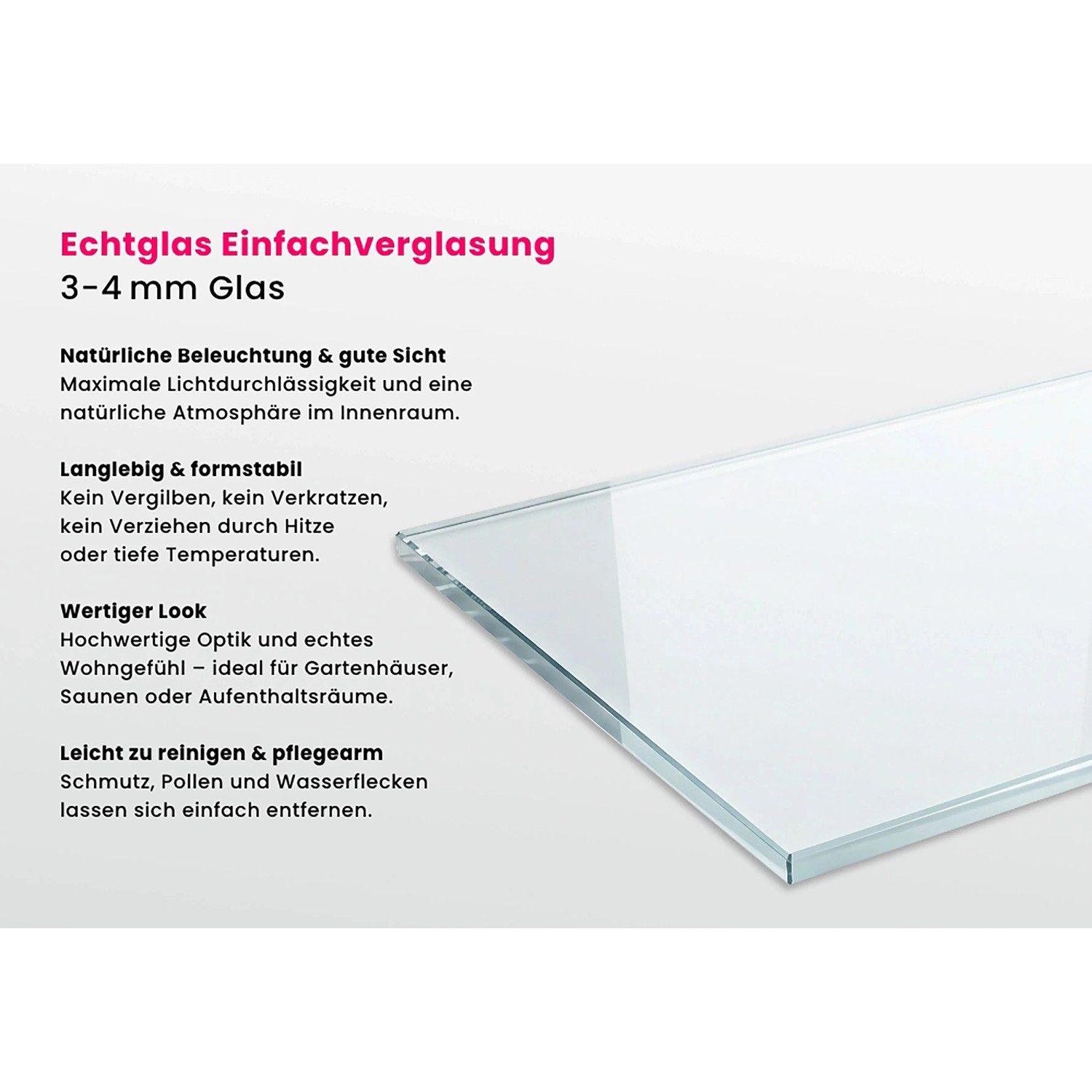 Detailaufnahme einer Echtglas-Scheibe (3-4 mm) für Gartenhaus, Saunen oder Aufenthaltsräume.