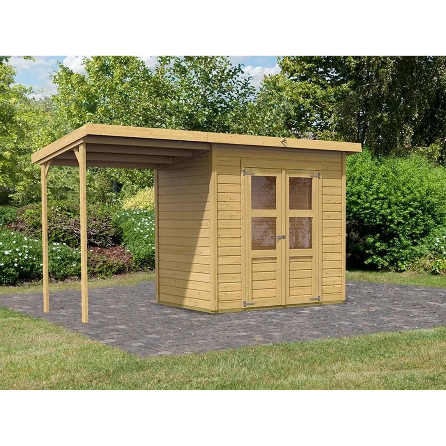 Karibu Gartenhaus Merseburg 14 mm Wandstärke BxTxH 390 x 175 x 220 cm inkl. Anbaudach Natur