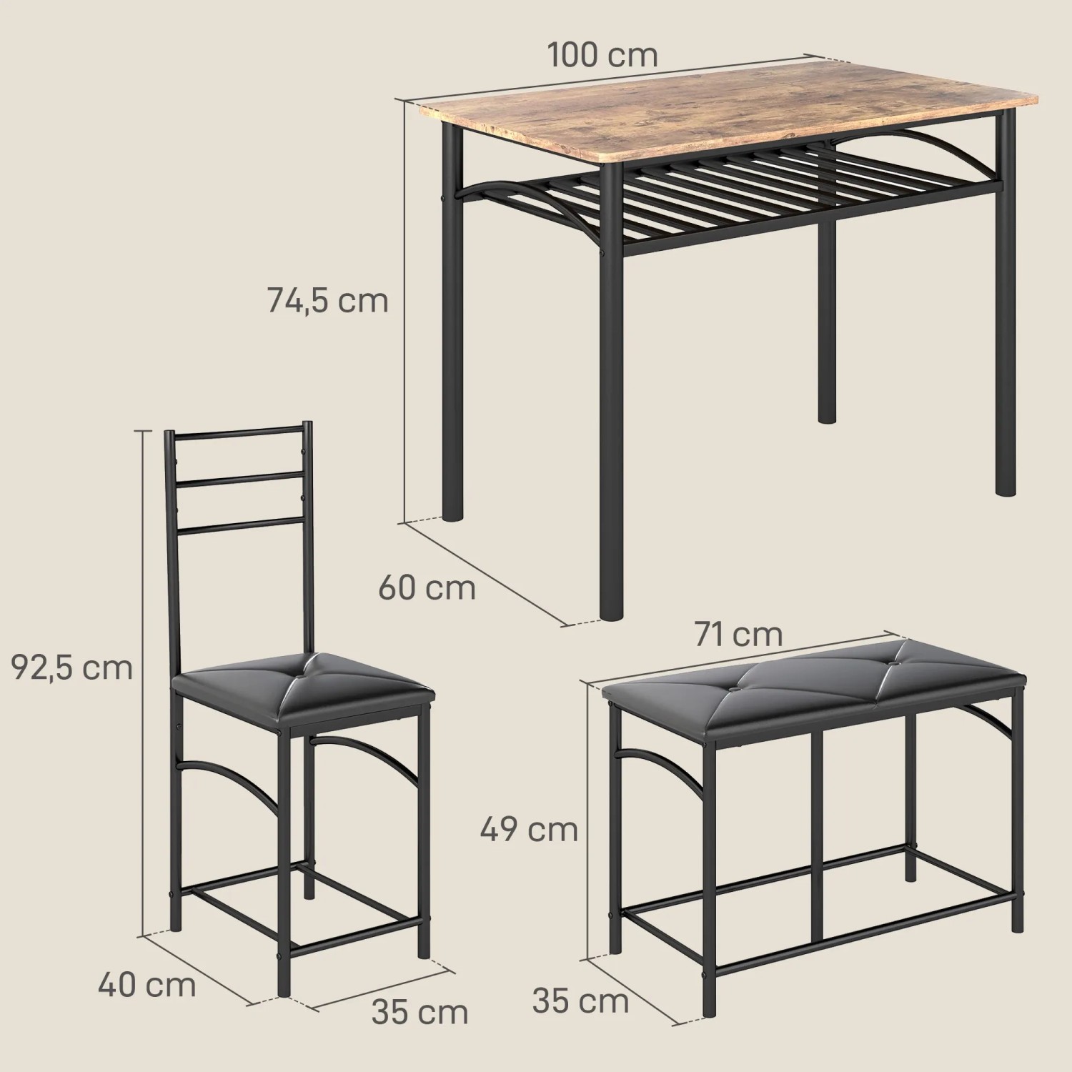 HOMCOM Essgruppe mit Tisch, 2 Stühlen und Bank, Metallgestell, braune MDF-Platte, platzsparend.