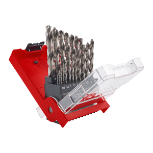 Einhell Metallbohrer-Set, 19-teilig, HSS-G Stahlbohrer in roter Kassette mit transparentem Deckel.