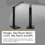 Schwarze LED Schreibtischleuchte mit induktiver Ladestation und USB-C Anschluss.