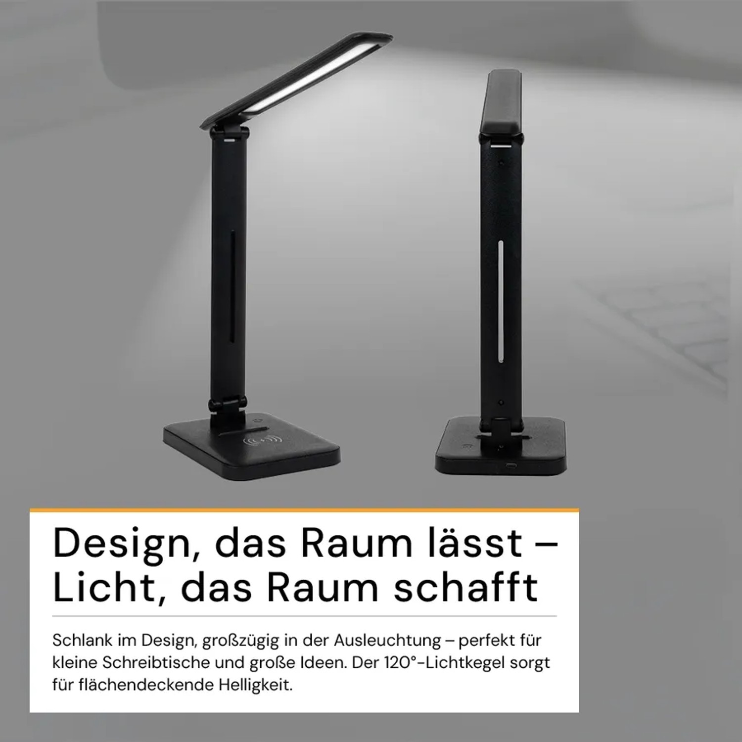 Schwarze LED Schreibtischleuchte mit induktiver Ladestation und USB-C Anschluss.