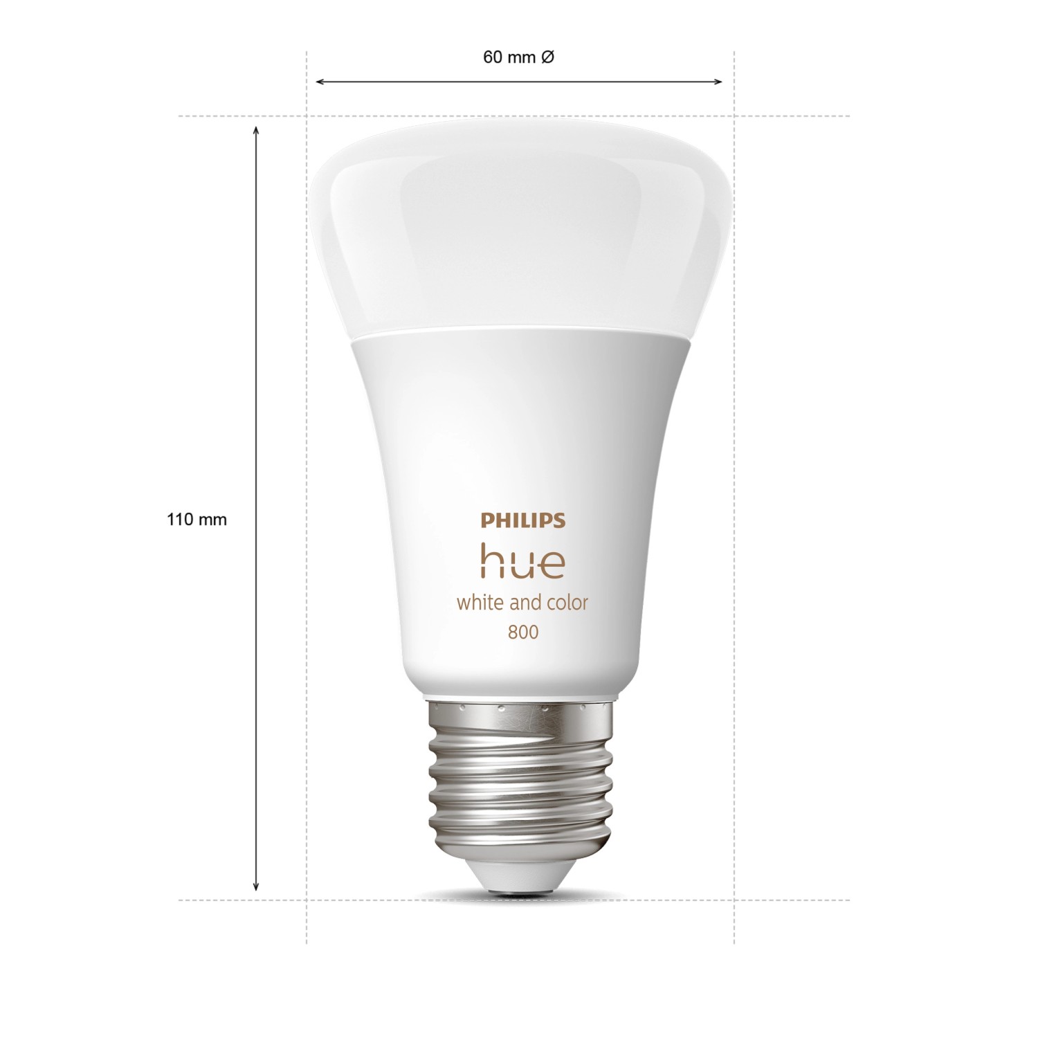 Philips Hue E27 LED Lampe, mehrfarbig, 800 lm, Abmessungen werden angezeigt.