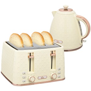Beiges HOMCOM Kocher-Toaster-Set aus Kunststoff und Stahl mit 4 Toastscheiben und 1,7L Wasserkocher.