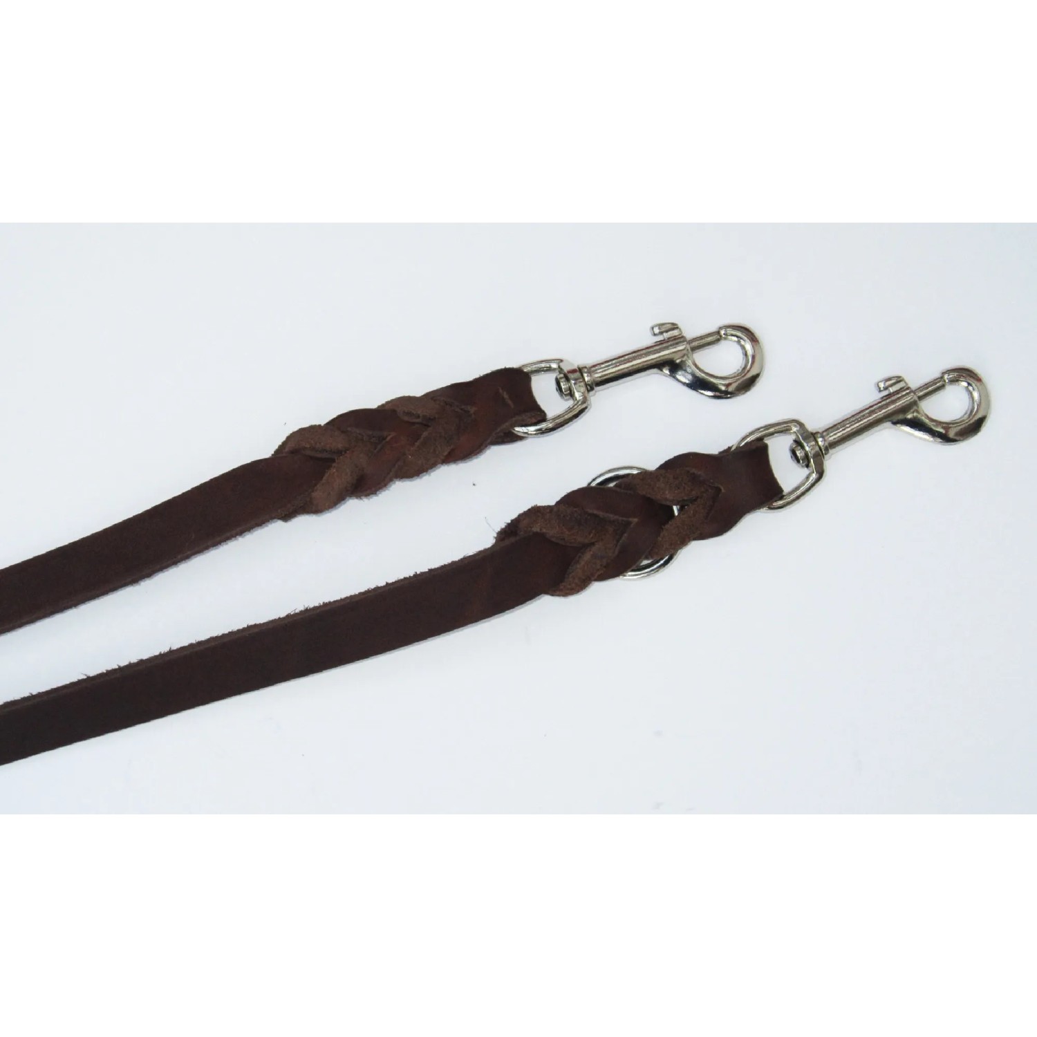 Braune Heim Hunde-Vorführleine aus Leder, 220 cm lang, mit geflochtenem Detail und silbernem Haken.