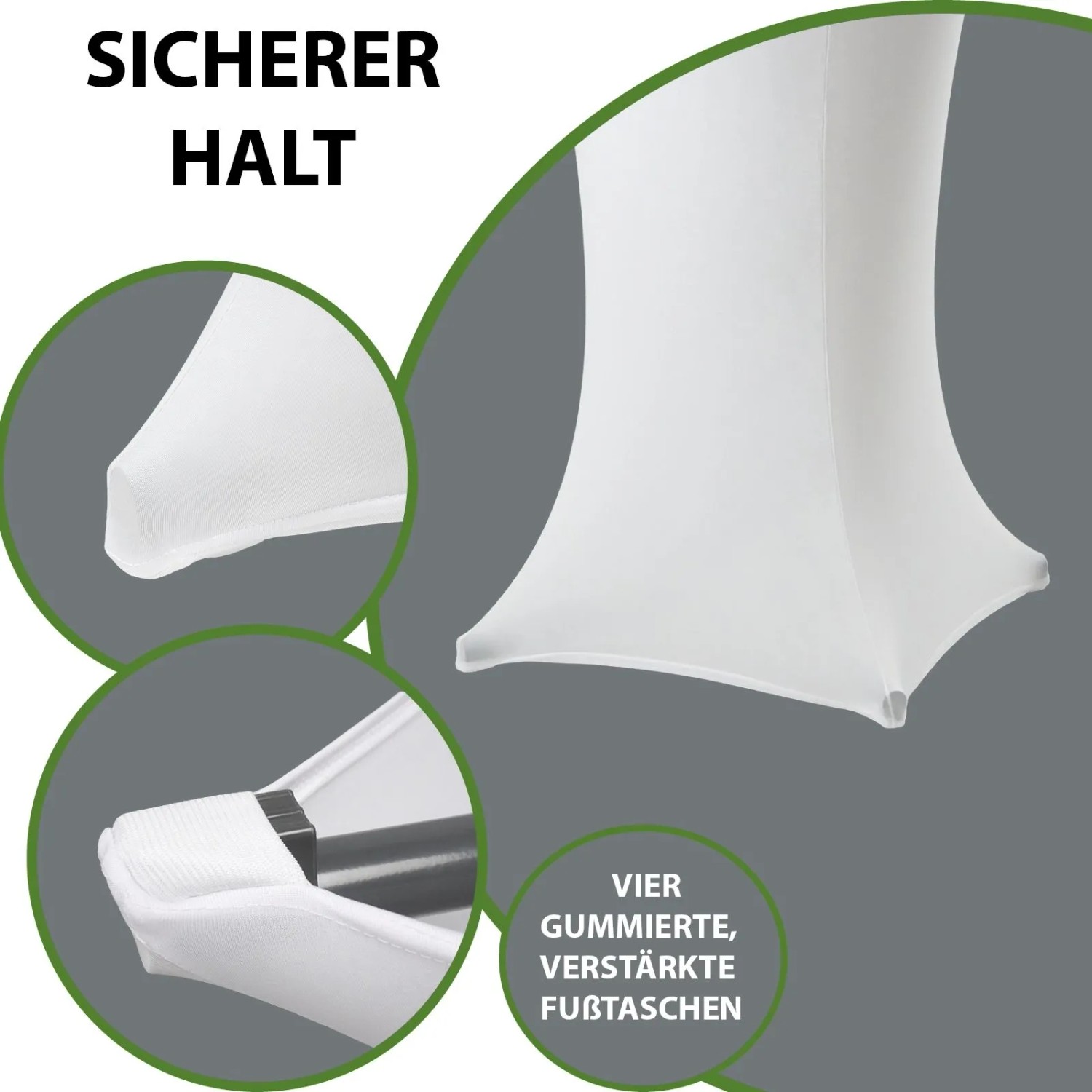 Detailansicht der weißen TRUTZHOLM Stehtischhusse Stretch (70cm) mit verstärkten Fußtaschen.