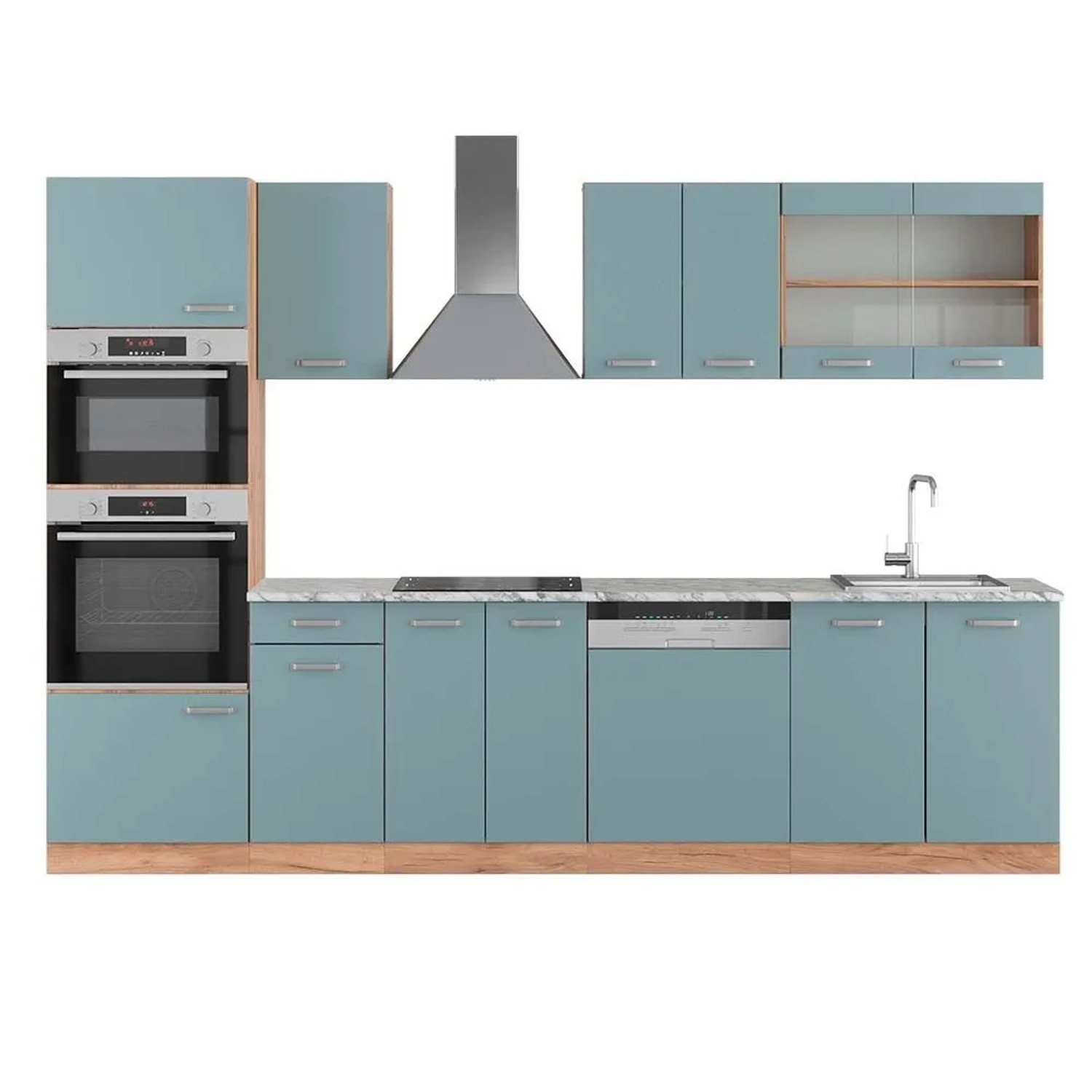 Vicco R-Line Küchenzeile Blau-Grau Goldkraft Eiche 300 cm mit HochschrankAP Marmor ohne E-Geräte