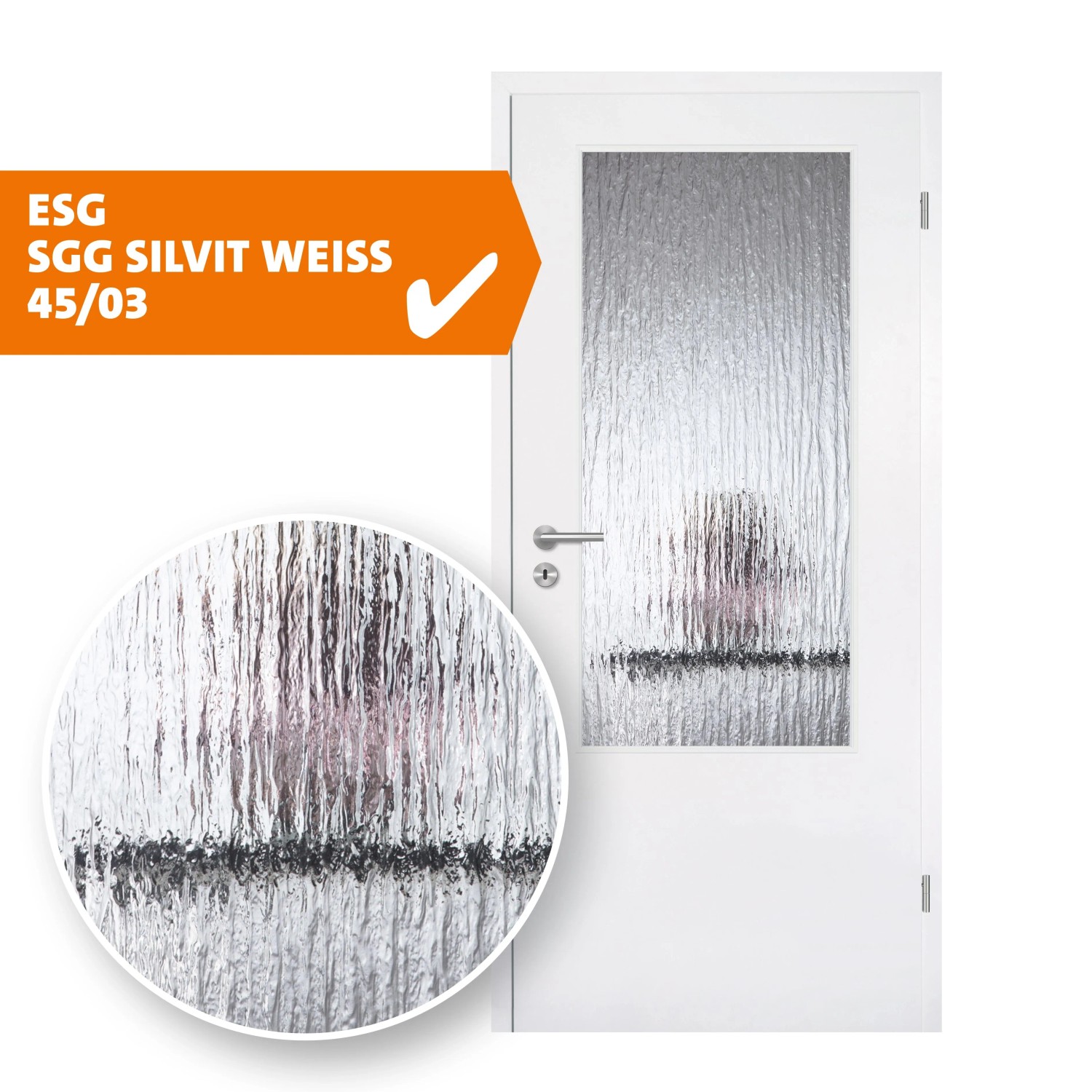 Weiße Zimmertür mit Skyscope Lichtausschnitt ESG Silvit Glas, 53,5x142cm.