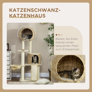 Pawhut Kratzbaum, 150 cm, mit Katzenhaus, Hängematte und Sisalsäulen. Katzen liegen entspannt in den Körben.