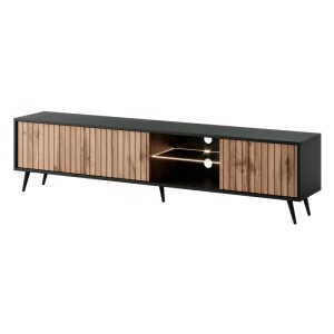TV-Lowboard Bello 175 cm Schwarz / Wotan Eiche Lamelle mit LED