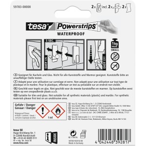 Tesa Powerstrips Klebehaken, 2 Stück, Edelstahl/Kunststoff, für Bad & Küche, bis 1 kg.