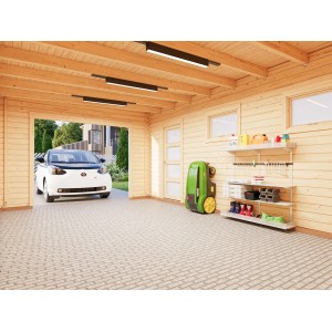 Innenansicht: Palmako Garage Rasmus 19 m² aus unbehandeltem Holz mit Auto und Regalen.