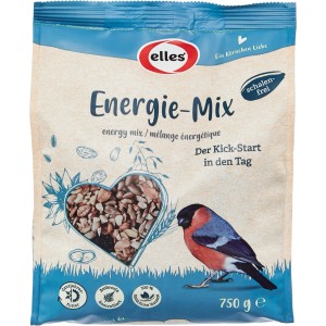 Packung Elles Wildvogelfutter Energie-Mix 750g mit Sonnenblumenkernen, Nüssen und Vogel.