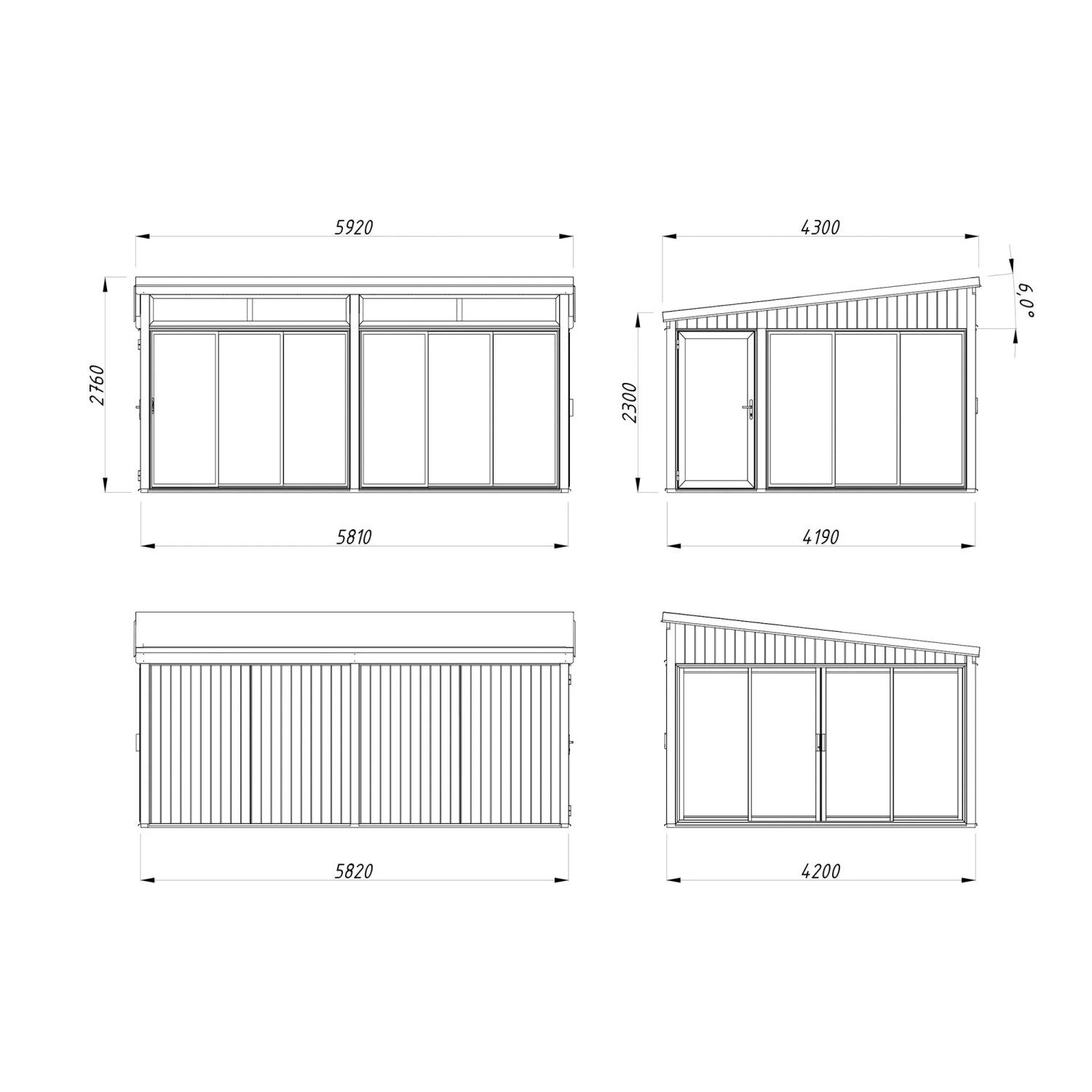 Skizze Palmako Holz-Gartenhaus Pultdach, 582x420cm, Maße und Ansichten des unbehandelten Gartenhauses.