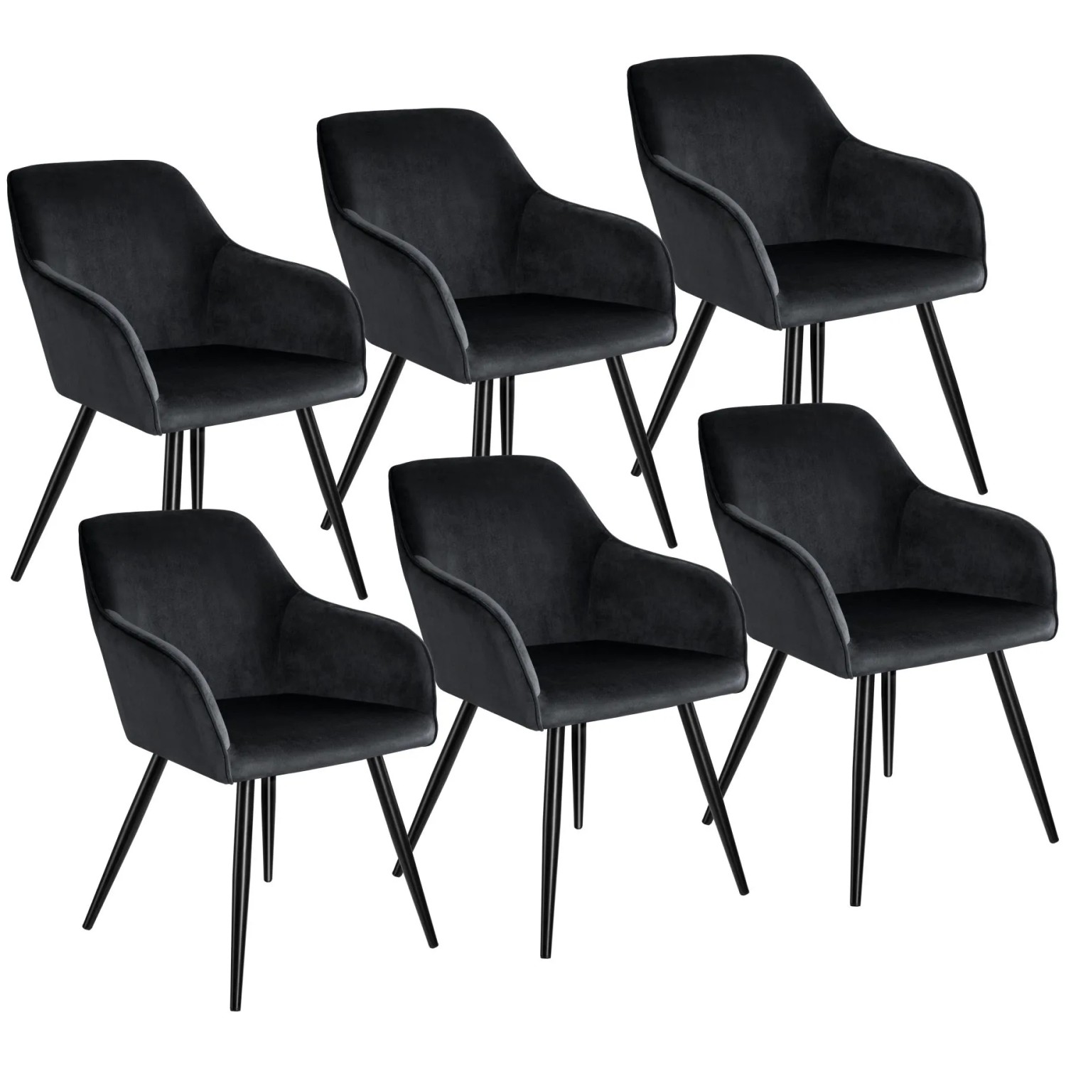 Tectake Esszimmerstuhl Marilyn Gepolstert  In Samtoptik Durchgehende Lehne 6Er Set 62 x 58 x 82 cm Schwarz