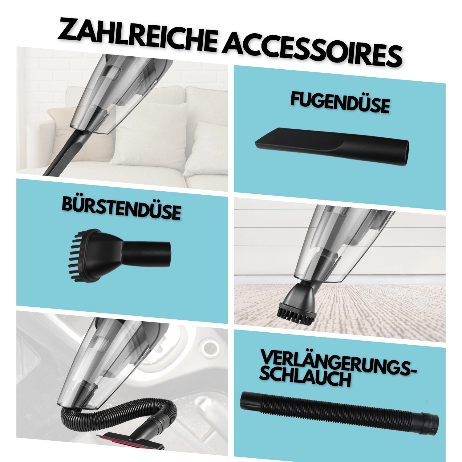 Steinborg Akku-Handstaubsauger SB-1031 Zubehör: Düsen und Schlauch im Set.