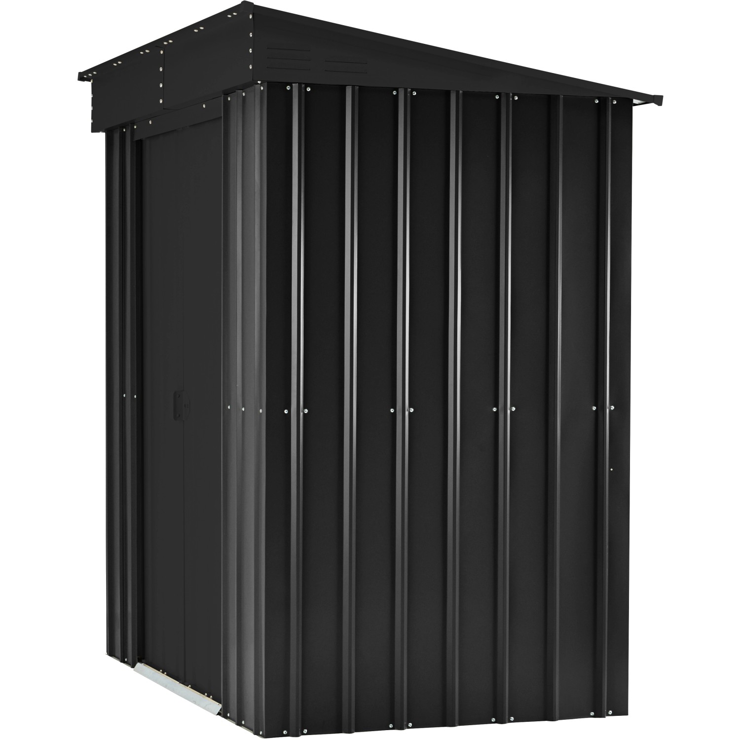 Anthrazitfarbenes Metall-Gerätehaus Skillion 64 von Globel, 171x113 cm, zur Aufbewahrung von Gartengeräten.