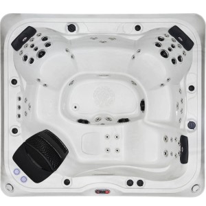 Weißer Canadian Spa Whirlpool Alberta, Draufsicht. Fester Whirlpool mit mehreren Sitzen und Düsen.