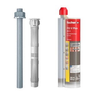 Fischer Schwerlastset mit Gewindestange, Siebhülse und Mörtel für Sonnenschutz-Befestigung.