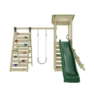Rebo Spielturm Sevilla aus Fichtenholz mit Rutsche, Kletterwand und Schaukel.