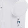 Weißer Homematic IP Türschlossantrieb, smartes Gerät für Hausautomation mit Verriegelungssymbolen.