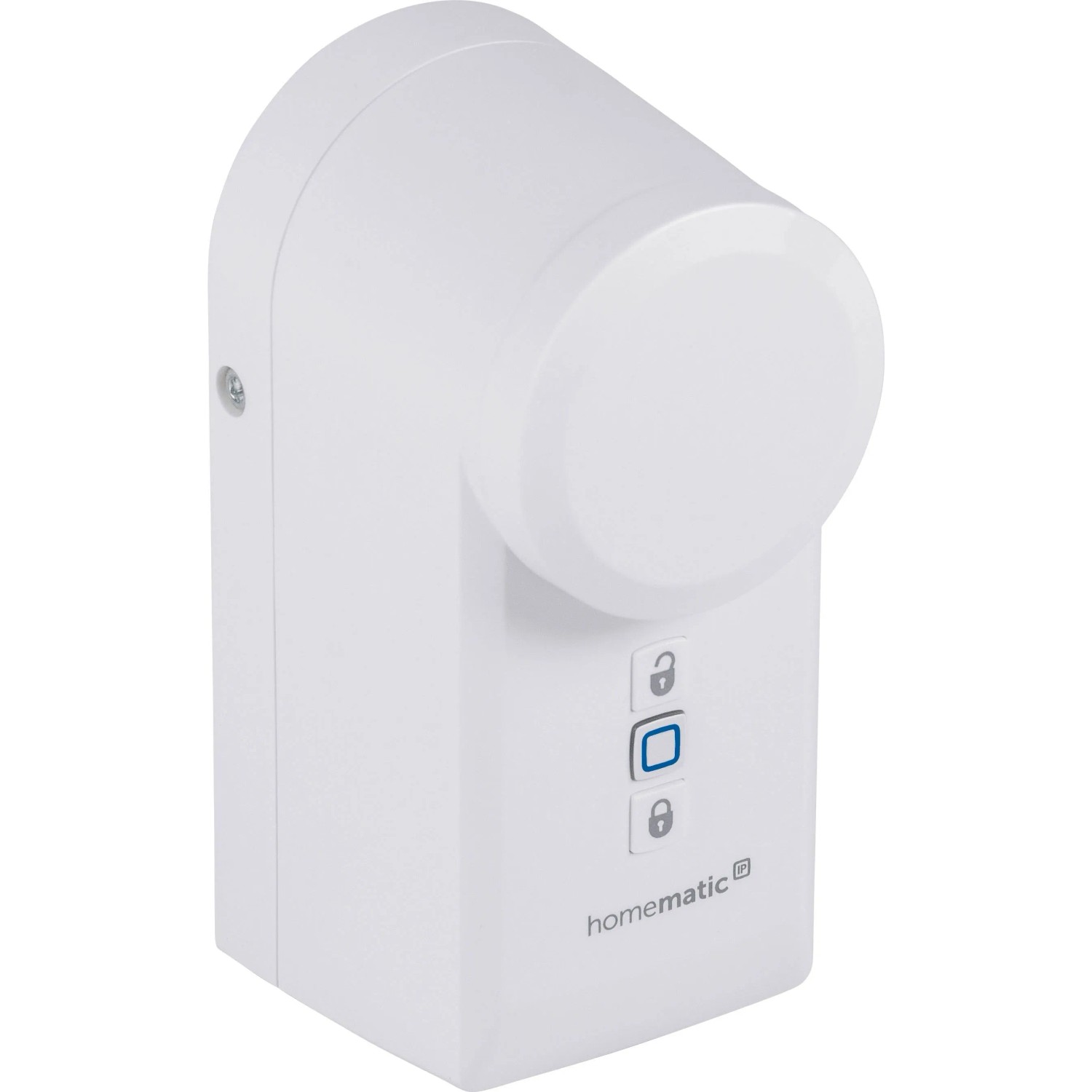 Weißer Homematic IP Türschlossantrieb, smartes Gerät für Hausautomation mit Verriegelungssymbolen.