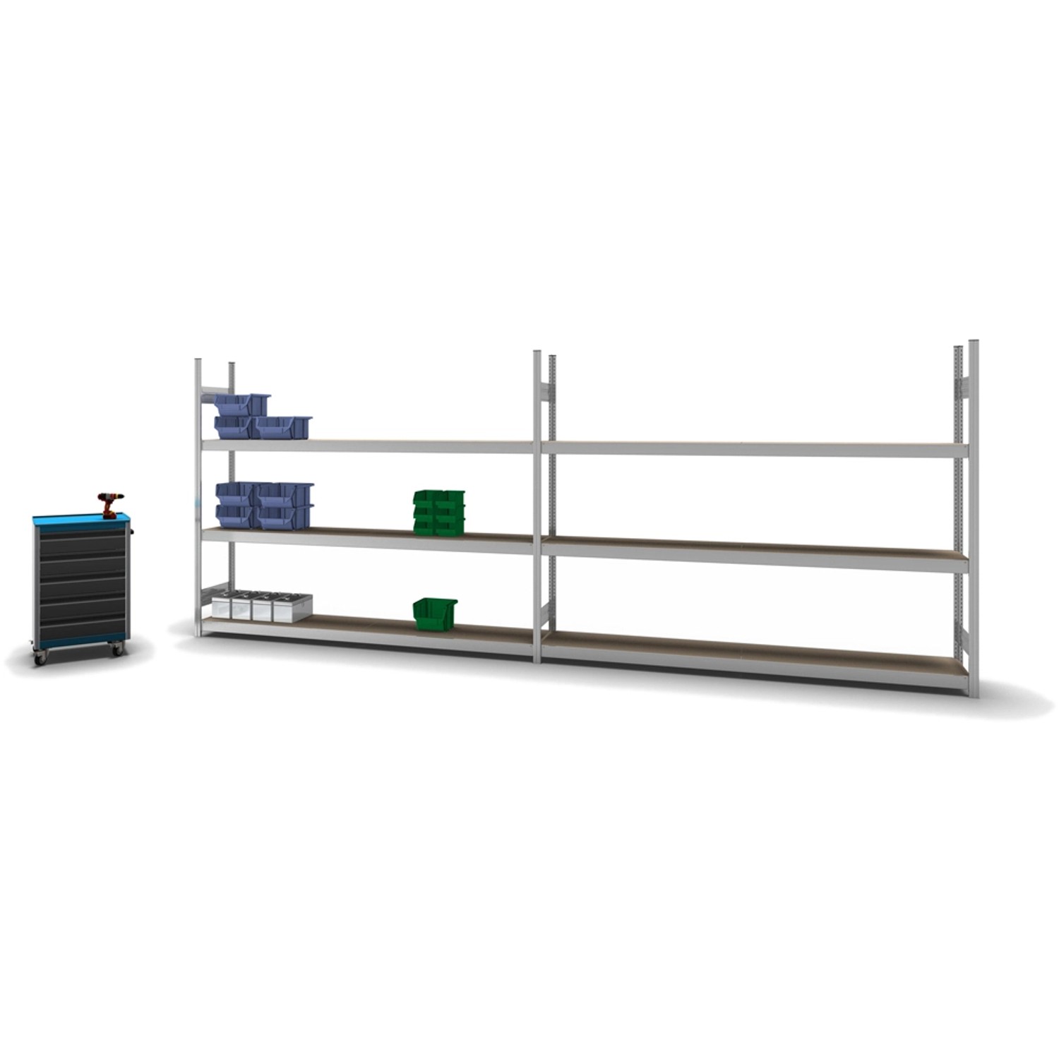 Verzinktes PROREGAL Weitspannregal mit 3 Ebenen und Werkzeugwagen. Schwerlastregal für Lager und Werkstatt.