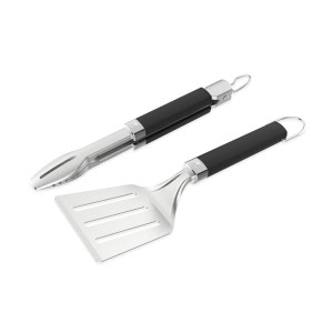 Weber Grillbesteck-Set, 2-teilig: Wender und Grillzange aus Edelstahl mit schwarzen Griffen.