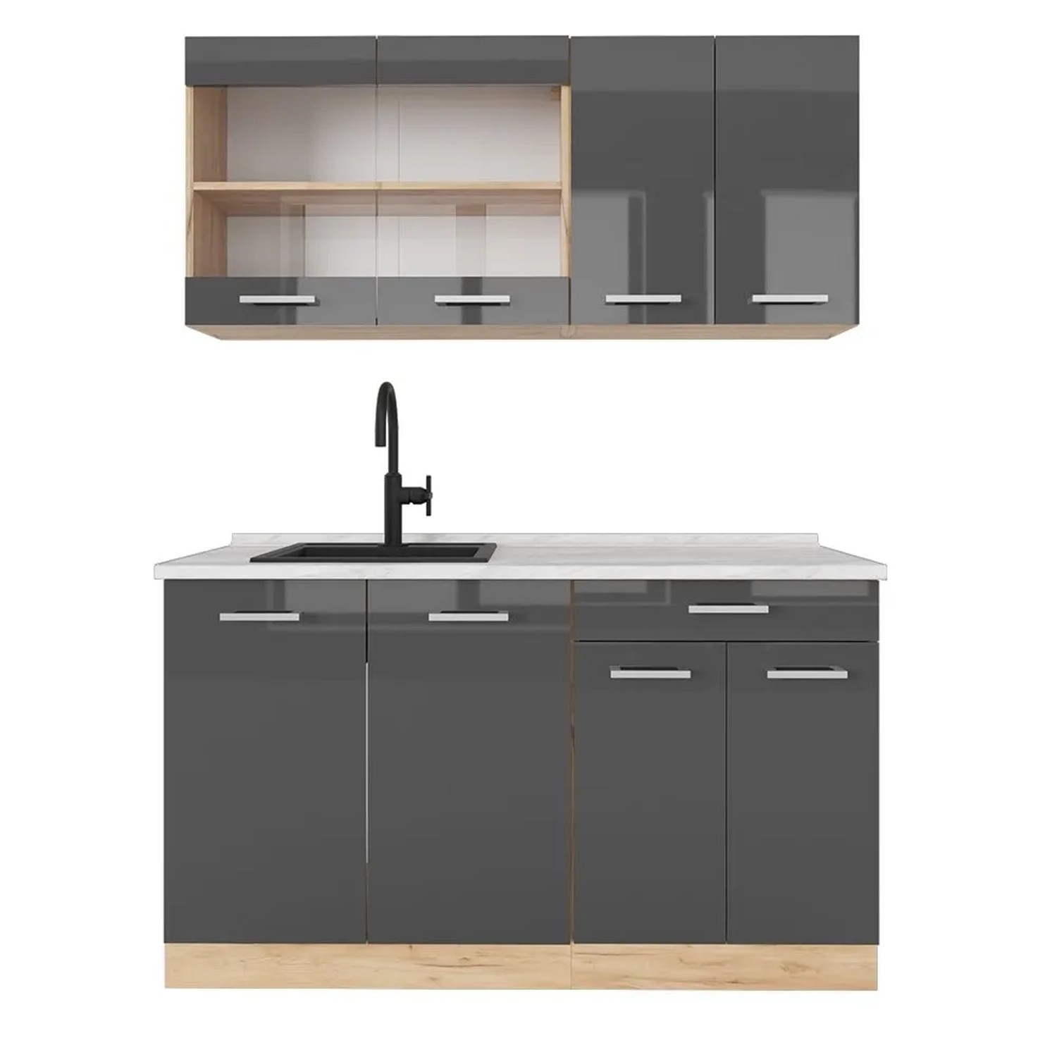 Vicco R-Line Singleküche Anthrazit Hochglanz Goldkraft Eiche 140 cm AP Marmor ohne E-Geräte