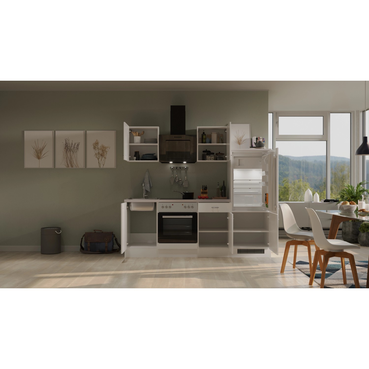 Flex-Well Küchenzeile Wito, 220 cm, Weiß: Kompakte Einbauküche mit E-Geräten und Spüle.