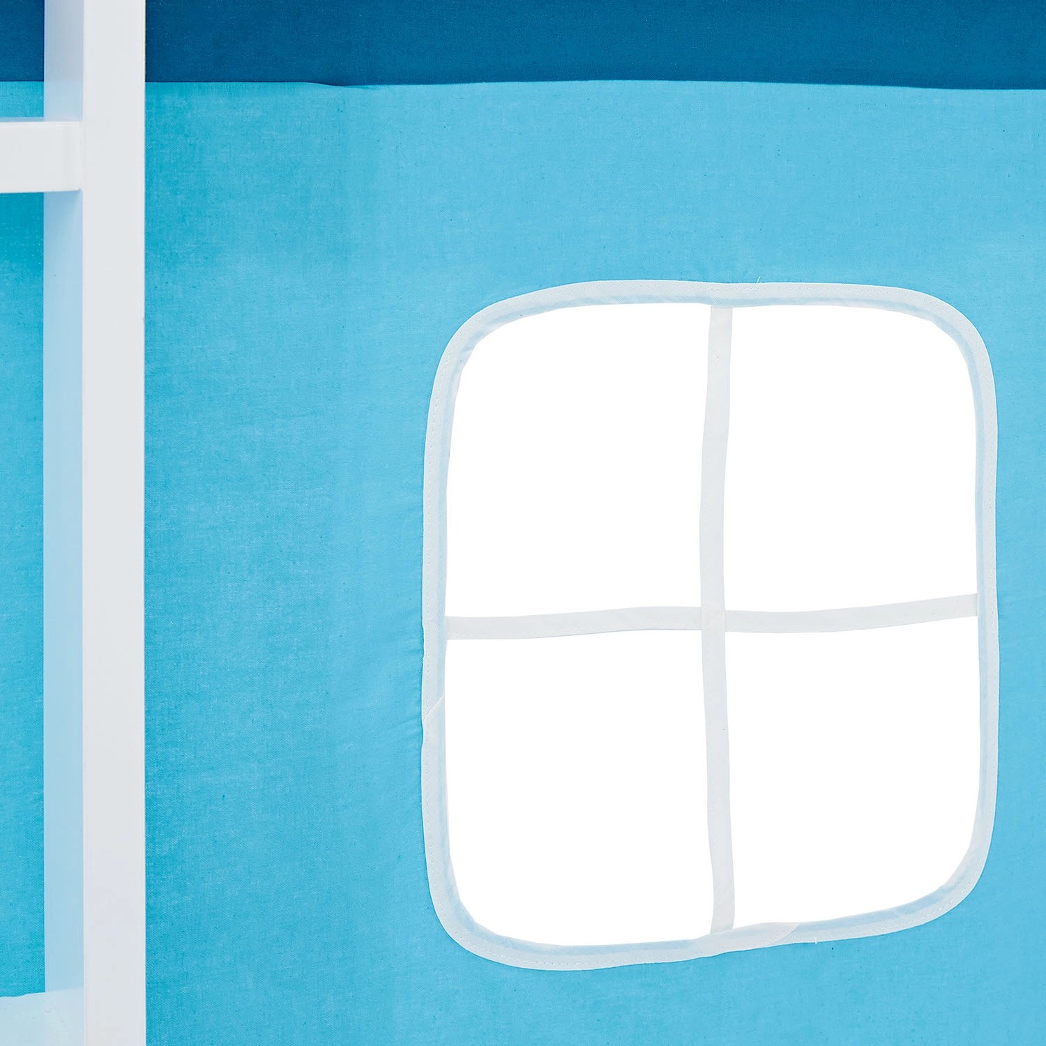 Detailansicht: Blaues Fenster im Vorhang des Homestyle4u Kinder Hochbetts.