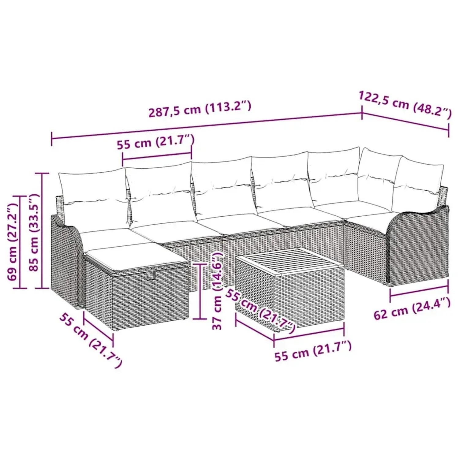vidaXL Gartenmöbel-Set, 8-teilig, grau, Poly Rattan, mit Kissen und Stauraum. Abmessungen sichtbar.
