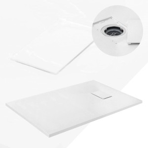 Weiße LuxeBath Duschwanne 120x80 cm aus SMC mit Schiefer-Optik, rutschfest. Detailansicht der Ablaufgarnitur.